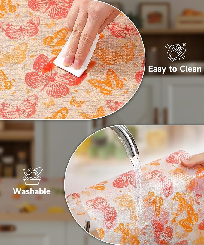 Shelf Liner for Kitchen Cabinets - Non-Adhesive Waterproof and Oil-Proof Drawer Liner, Reusable Protector for Dresser, Wire Shelf, Cupboards(Red Butterfly, 11.8" W x 360" L)