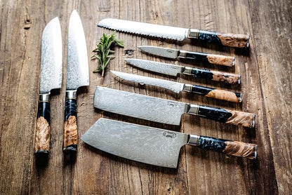 Tidal Collection 8 PCS Damascus Knife Set with stunning black resin and burl wood handles with your engravement.