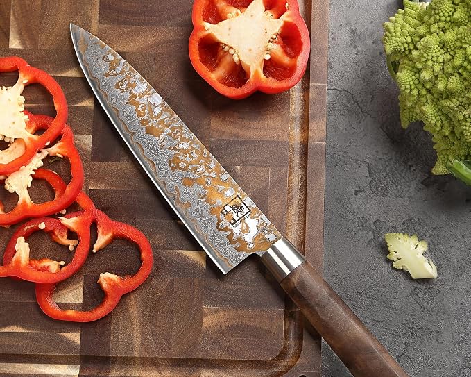 zayiko Damascus Chef Knife 8.8 Inch, VG10 Core Kitchen Knife for Meat, Fish & Vegetables, 67-Layer Copper Damascus Steel, Maple Root Wood Handle, Wooden Gift Box