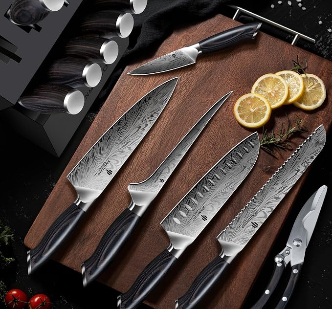 16 Pieces Knife Set, Knife Block Set in Powder Steel, Ultra Sharp Kitchen Knives Set, High Hardness Japanese Knife Set with Ergonomic Pakkawood Handle, Chef Knives Set for Kitchen Cooking