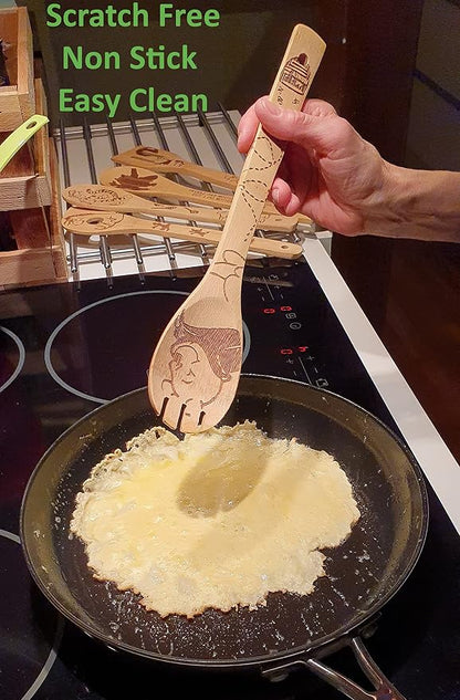 Bejky 6-Pcs Wooden Bamboo Spoons Set - Organic Food Cooking Utensils - Kitchen Accessories and Home Decor - Cookware Gifts for Women - Easy Wash Spatulas - 3D Engraved Patterns (Winnie the Bear)