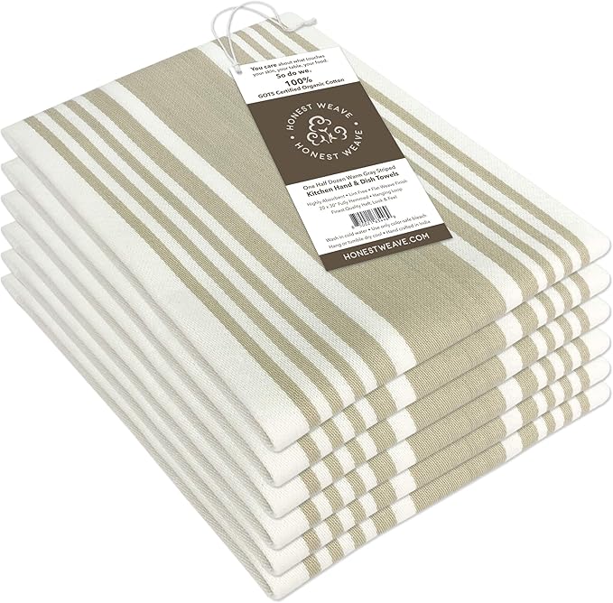 HONEST WEAVE GOTS Certified Organic Cotton Kitchen Hand and Dish Towel Sets - Oversized 20x30 inches, Fully Hemmed, in Designer Colors, 6-Pack, Warm Gray/Taupe Stripe
