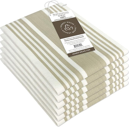 HONEST WEAVE GOTS Certified Organic Cotton Kitchen Hand and Dish Towel Sets - Oversized 20x30 inches, Fully Hemmed, in Designer Colors, 6-Pack, Warm Gray/Taupe Stripe