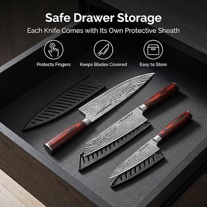 3-Piece Kitchen Knife Set, High Carbon Stainless Steel Sharp Knives with Sheaths - 8" Chef, 7.5" Kiritsuke, 5" Utility Knives for Home Cooks, Cooking, Meat & Vegetables