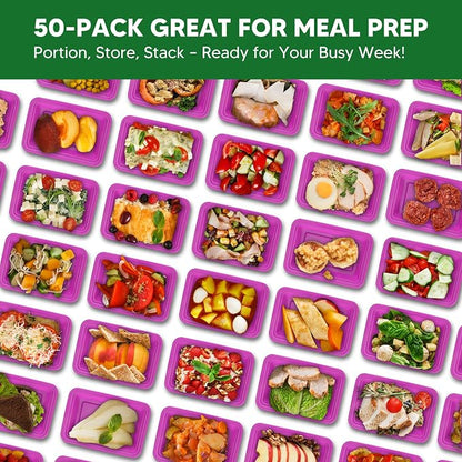 50 Pack Meal Prep Containers with Lids 38oz - BPA-Free, Reusable, Leakproof Food Storage Containers - Microwave/Dishwasher/Freezer Safe, To Go Take Out Plastic Food Storage Pans(Purple)