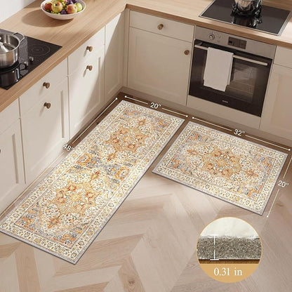 GENIMO Kitchen Rugs Non Slip Washable, 2PCS Kitchen Mats for Floor, Cushioned Standing Mat, Kitchen Runner Rug Floor Mat for Kitchen Decor, Laundry, Sink, Home, 20"x32"+20"x48", Orange&Brown