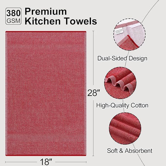 Mordimy Premium Kitchen Towels 6 Pack (18 x 28 Inches, Navy Blue/Red/Green), Large Cotton Flat & Terry Kitchen Hand Towel, Super Absorbent Tea Dishtowels Set with Hanging Loop