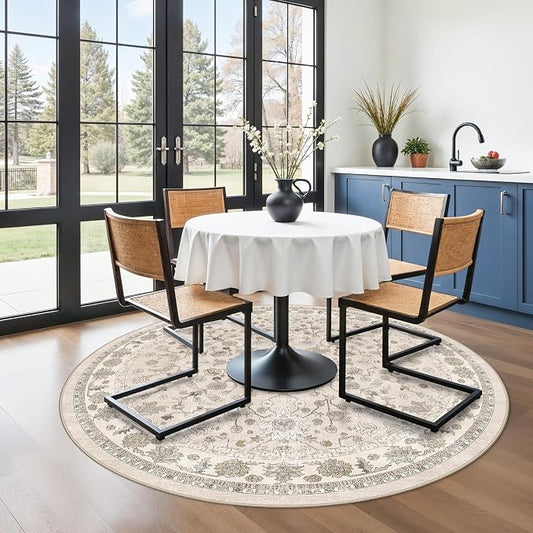 Round Kitchen Rugs 6ft Washable: Non-Slip Soft Low Pile Circle Area Rug for Under Table Living Room Dining Room Bedroom – Boho Floral Circular Floor Indoor Carpet (Beige,6x6)