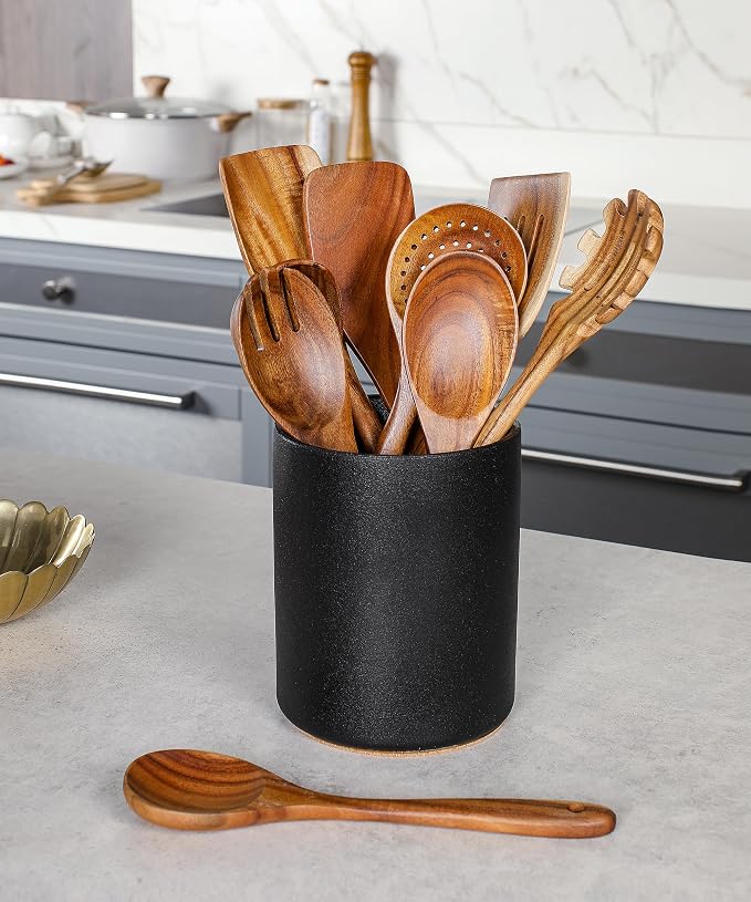 Nucookery Wooden Cooking Utensils Set with Holder, Teak Wood Utensils, Ceramic Holder for Countertop with Protection Cork Bottom, Nonstick Spoons, Spatula Set, 10 Pcs Kitchen Decor, (Stone Black)