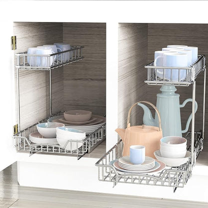 Simple Houseware 2-Tier (L+M) Organizer Pull Out Under Cabinet Sliding Shelf, Chrome