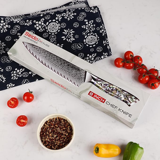 Seido Knives Awabi Gyuto Chef Knife 67 layers of Damascus Steel with a VG-10 Super Steel Core with Abalone Shell Resin Handle