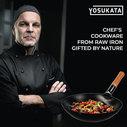YOSUKATA 14" Carbon Steel Wok with Round Bottom – Pre-Seasoned Pow Wok for Stir Fry – Traditional Chinese Japanese Black Steel Pan – Outdoor Cookware for Gas Stovetops, Open Fire, BBQ, Camping