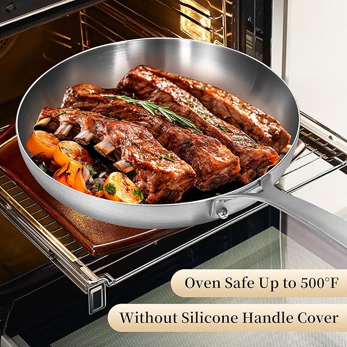 Inqibee 8.5-10-12 Inch Tri-Ply Stainless Steel Frying Pan Set with a Lid, Skillets, Chef's Pan, Induction Cooking Pans, Pots and Pans Set, Dishwasher and Detachable Handle