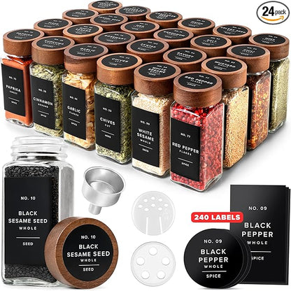 EDELHAUS® Square Spice Jars with Acacia Wooden Lid (Pack of 24) Spice Jars with Shaker Insert and 240 Labels - Acacia Lids Glass Container for Spice Organisation [4.3 in × 1.8 in]