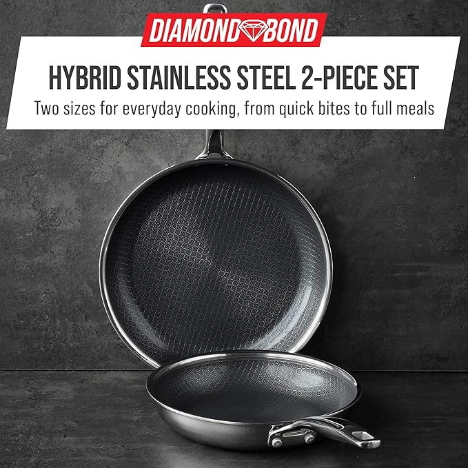 Blue Diamond Hybrid Nonstick Stainless Steel 8” & 10” Frying Pan Skillet Set, PFAS-Free Ceramic Diamond Bond Searing, Egg & Omelet Pan, Dishwasher Safe, Stay-Cool Handle, Induction Ready, All Cooktops