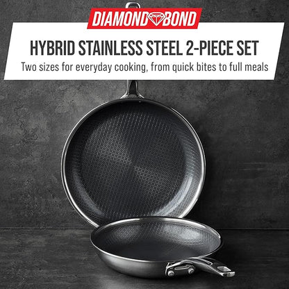 Blue Diamond Hybrid Nonstick Stainless Steel 8” & 10” Frying Pan Skillet Set, PFAS-Free Ceramic Diamond Bond Searing, Egg & Omelet Pan, Dishwasher Safe, Stay-Cool Handle, Induction Ready, All Cooktops
