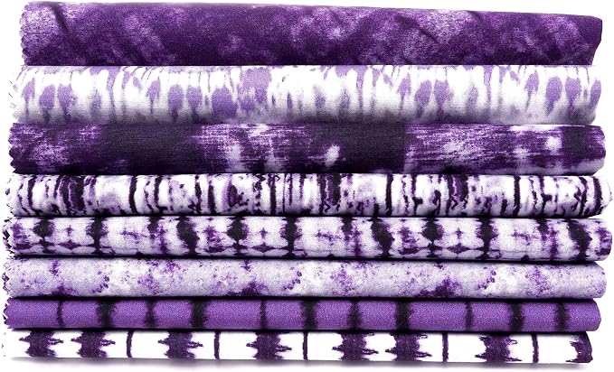 Soimoi 8 Pc Fat Quarter Bundle - Tie & Dye Print 18"x 22" DIY Patchwork- 100% Cotton Pre-Cut Quilting Fabric (Purple & White)