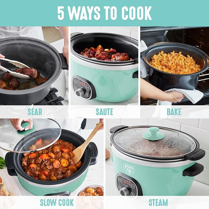 GreenLife 3.5QT Slow Cooker, PFAS-Free Non-Toxic Ceramic Nonstick Removable Interior Bowl, Programmable, Keep Warm, Stovetop & Oven Safe, Dishwasher Safe Crock, Glass Lid, Turquoise