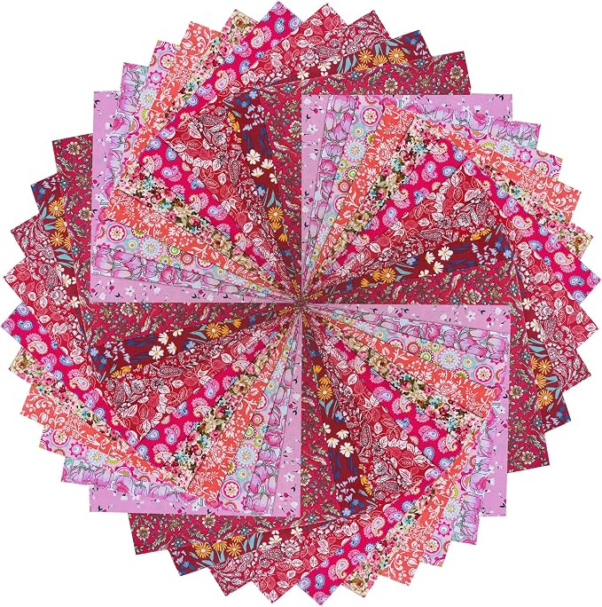 HANPATQUI 50PCS 5 x 5 inch 100% Cotton Fat Quarters Fabric for Sewing and Quilting Bundles Precut Fabric Square for DIY Craft Patchwork-Red Printed