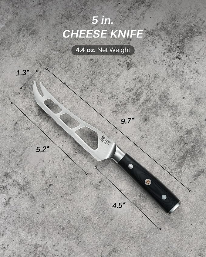 KYOKU 5 in. Serrated Cheese Knife, Samurai Series Cheese Slicer with Hollow Blade Pakkawood Handle, German 1.4116 Stainless Steel Full Tang Knife for Hard Cheese with Protective Sheath & Gift Box