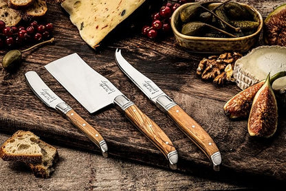 Laguiole Style De Vie Cheese Knives, Luxury Line, Olive Wood, Set of 3 Pieces, Giftbox Included