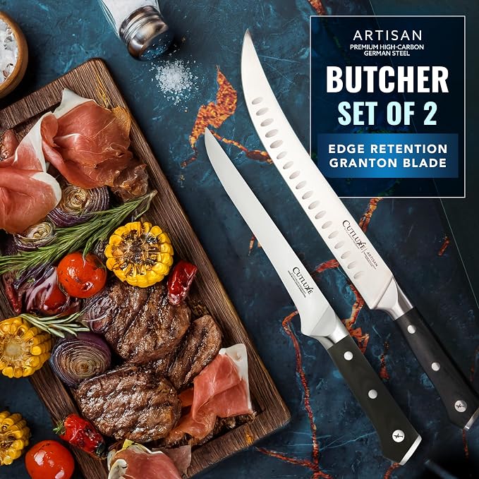 Cutluxe Butcher Carving Set – Cimeter Breaking & Boning Knives for Meat Cutting – Professional Knife, Razor Sharp German Steel, Full Tang, Ergonomic, Butcher Knives for BBQ – Artisan Series