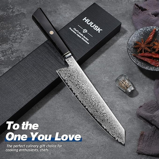 Huusk Damascus Kiritsuke Knife 8 inch - Japanese Knives with Wooden Handle, Hand Forged Chef Knives for Home Use, Razor Sharp Cooking Knife, Birthday Christmas Gifts for Men Women