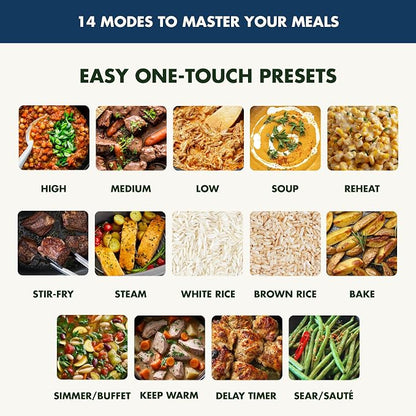 GreenPan Elite 14-in-1 Nonstick 6QT Electric Slow Cooker, PFAS-Free Ceramic Multi-Cooker, In-Pot Browning, Dishwasher Safe Lid & Removable Crock, Stainless Steel Steamer, Silicone Handles, Oxford Blue