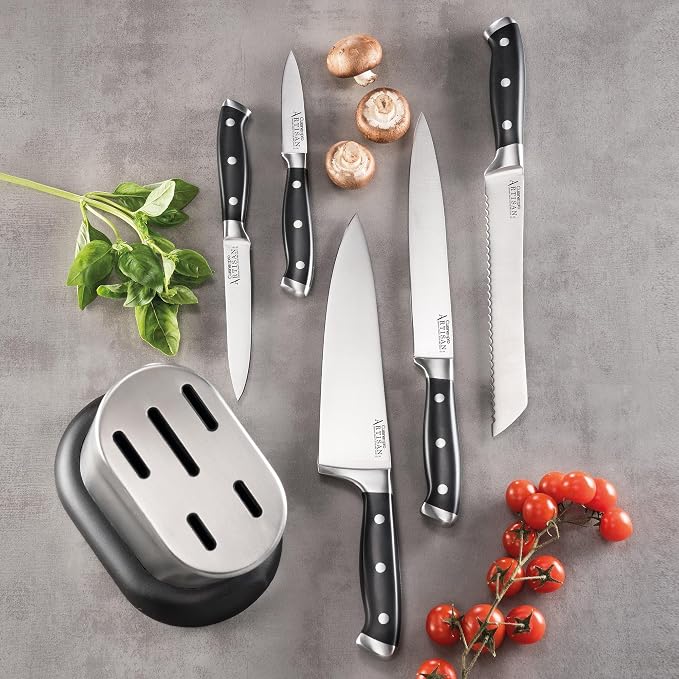 Cuisine::pro Artisan Stahl Knife Block Set, 6 Piece - German Stainless Steel Kitchen Knives, Full Tang Triple Riveted