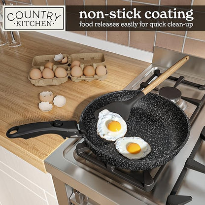Country Kitchen Cookware Set with Removable Handle, Oven & RV Safe Pots and Pans Set, Black, Original