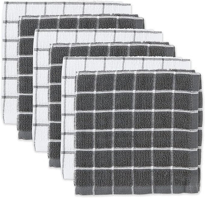 DII Basic Terry Collection Windowpane Dishcloth Set, 12x12, Gray, 6 Piece
