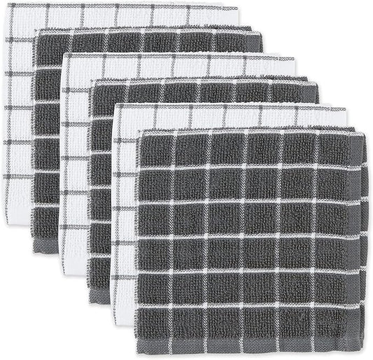 DII Basic Terry Collection Windowpane Dishcloth Set, 12x12, Gray, 6 Piece