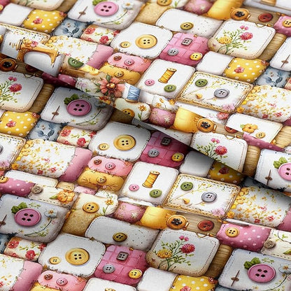 Vintage Sewing Notions Patchwork Cotton Fabric Panel 61 x 36.6 Inches, Buttons & Threads Quilt Print, Soft Pastel Multicolor Tones, 100% Cotton 140 GSM