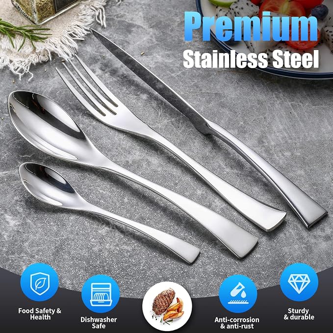 Lemeya 24 Pieces Silverware Set for 6,Heavy Duty 18/10 Stainless Steel Flatware Set with Forged Stand Knife,Modern Cutlery Utensil Set,Mirror Polished,Dishwasher Safe