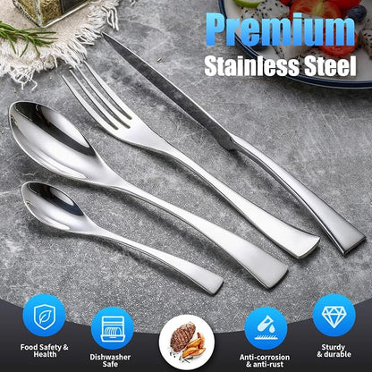 Lemeya 24 Pieces Silverware Set for 6,Heavy Duty 18/10 Stainless Steel Flatware Set with Forged Stand Knife,Modern Cutlery Utensil Set,Mirror Polished,Dishwasher Safe