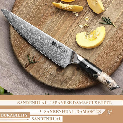 8 inch Japanese Damascus Chef Knife, Damascus Chefs Knife Kitchen Knives for All-Around Food Preparation, Japanese Super Steel Sharp Chef's Knives, Professional Resin Handle Chef Knife