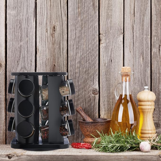 Relaxdays Spice Rack with 12 Spice Jars Refillable with Shaker Insert Rotating Spice Carousel Stainless Steel Black
