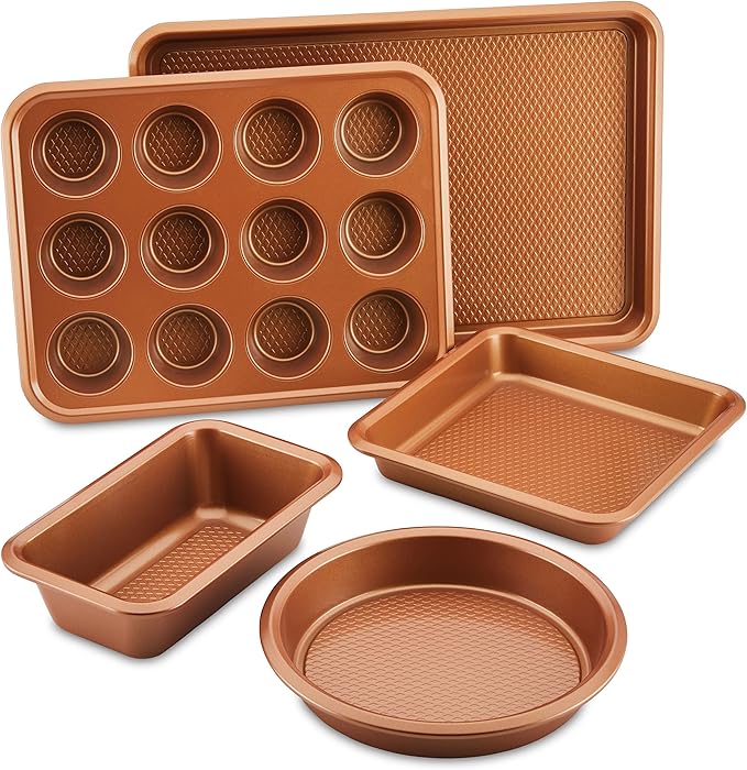 Ayesha Curry Kitchenware Nonstick Bakeware Set Includes Cookie Sheet, Loaf, Muffin Cake Pans, 5-Piece, Copper