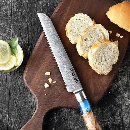 XITUO Damascus Serrated Bread Knife - VG10 Serrated Knife for Homemade Bread - Japanese Blue Resin & Wooden Handle - Slicer Knives for Sourdough Baguette - with Gift Box