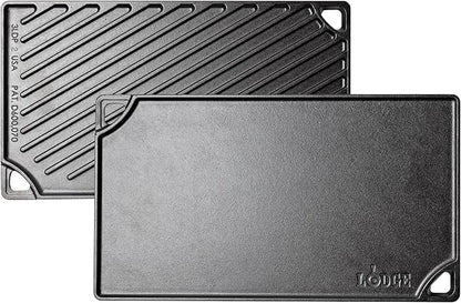 Lodge Reversible Cast Iron Grill/Griddle Pan 16.75 x 9.5 - Pre-Seasoned Dual-Sided Double Burner for BBQ, Eggs, Pancakes, Burgers - PFAS Free Cookware - Flat Top Plate for Oven, Grill, & Campfire