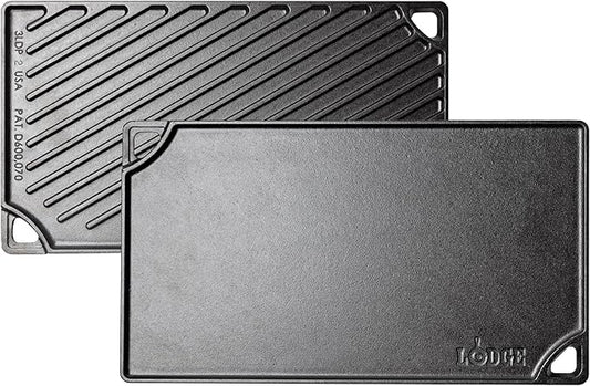 Lodge Reversible Cast Iron Grill/Griddle Pan 16.75 x 9.5 - Pre-Seasoned Dual-Sided Double Burner for BBQ, Eggs, Pancakes, Burgers - PFAS Free Cookware - Flat Top Plate for Oven, Grill, & Campfire