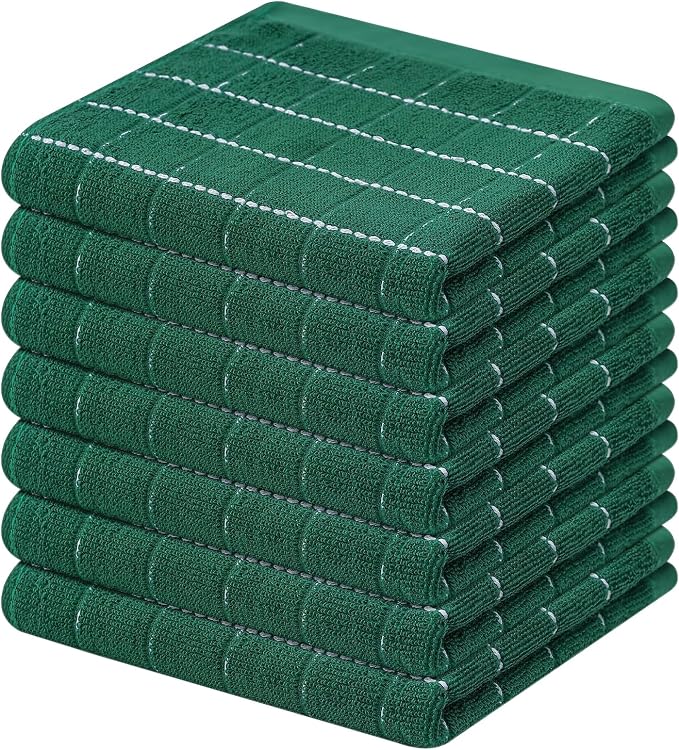 Mordimy 100% Cotton Terry Cloth Dish Cloths, Soft and Absorbent Checkered Dish Towels, Quick Drying Dish Rags for Washing Dishes, 8 Pack, 12 x 12 Inches, Dark Green