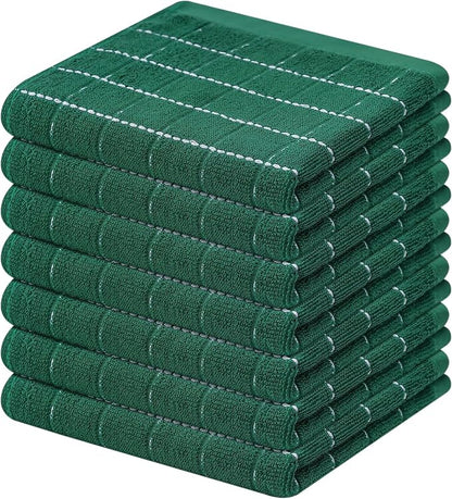 Mordimy 100% Cotton Terry Cloth Dish Cloths, Soft and Absorbent Checkered Dish Towels, Quick Drying Dish Rags for Washing Dishes, 8 Pack, 12 x 12 Inches, Dark Green