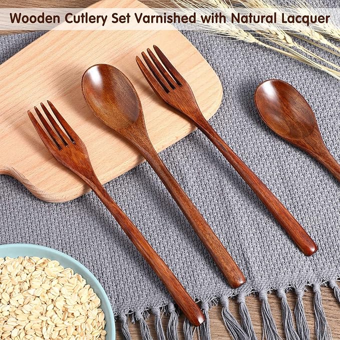 Patelai 6 Pieces Wooden Spoons Forks Set Wooden Utensils for Eating Wood Dinner Utensil Set Reusable Flatware Tableware Handmade Natural Cutlery Includes Spoon Fork for Cooking Eating Kitchen