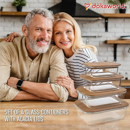 Glass Container Set with Acacia Lids - 4 Stackable Meal Prep Containers. Durable heat resistant Inert Borosilicate Glass