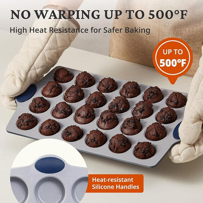 BRONYPRO 2-Pack 12 Cup and Mini 24 Cup Non Toxic Nonstick Ceramic Muffin Pan & Cupcake Tin, PFOA & PTFE Free, Heavy Duty Rust-Resistant Aluminized Steel, Oven Safe, Blue