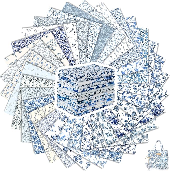 Tatuo 30 Pcs 10 x 10 Inches Blue and White Floral Cotton Fabric Quilting Bundle Squares Patchwork Floral Fabric Sewing Quilting Bundles Assorted Pattern Cloth for DIY Scrapbook Craft Making