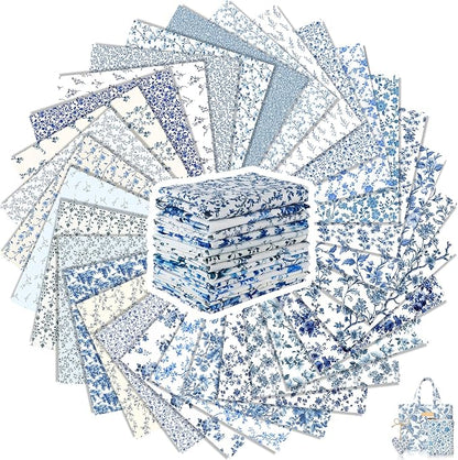 Tatuo 30 Pcs 10 x 10 Inches Blue and White Floral Cotton Fabric Quilting Bundle Squares Patchwork Floral Fabric Sewing Quilting Bundles Assorted Pattern Cloth for DIY Scrapbook Craft Making