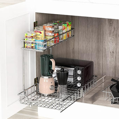 Simple Houseware 2-Tier (L+M) Organizer Pull Out Under Cabinet Sliding Shelf, Chrome