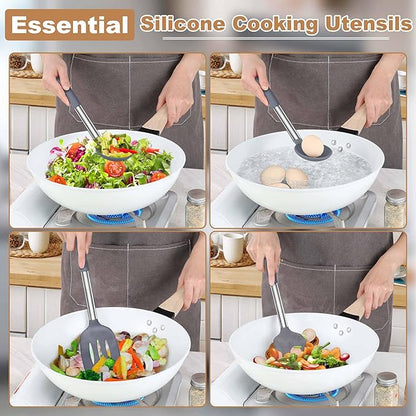 LIANYU Silicone Cooking Utensil Set, 4Pcs Heat Resistant Kitchen Utensils Set, Non-stick Stainless Steel Handle Spatula Tools, Dishwasher Safe, Grey